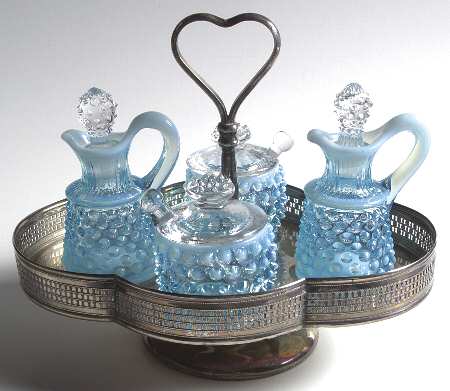 Hobnail Blue (Opalescent) (11 Pc) Condiment (2 Cruets,2 Mustards,Metal Stand