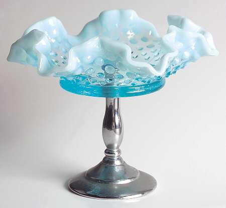 Hobnail Blue (Opalescent) 6" Double Crimped Bon Bon with Metal Stand