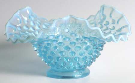 Hobnail Blue (Opalescent) 7" Crimped Triangular Bowl