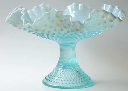 Hobnail Blue (Opalescent) Round Footed Double Crimped Bowl