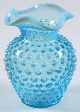 Hobnail Blue (Opalescent) 5 1/2" Crimped Square Vase