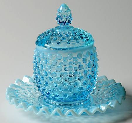 Hobnail Blue (Opalescent) Jam/Jelly &Underplate with Lid