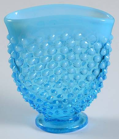 Hobnail Blue (Opalescent) 4" Crimped Miniature Oval Vase