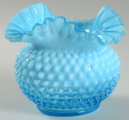 Hobnail Blue (Opalescent) 6" Crimped Triangular Vase