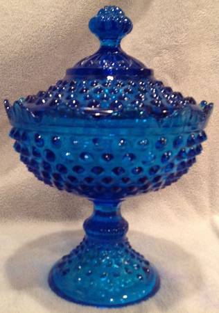 Hobnail Blue (Colonial Blue) Tall Footed Candy Box with Lid