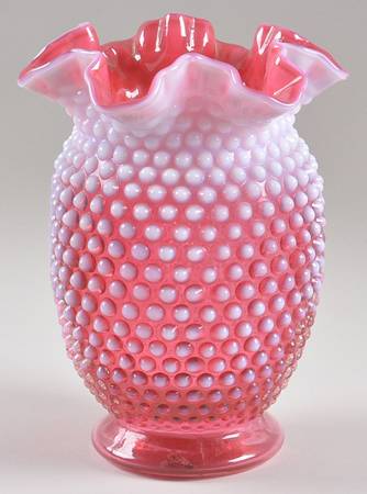 Hobnail Cranberry (Opalescent) 8" Double Crimped Vase