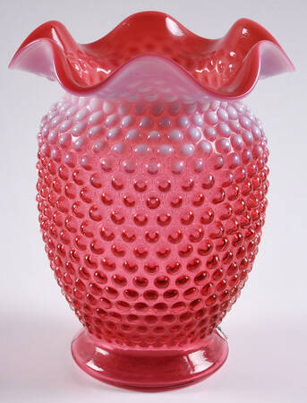Hobnail Cranberry (Opalescent) 7" Double Crimped Vase