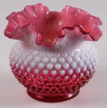 Hobnail Cranberry (Opalescent) 5" Double Crimped Vase