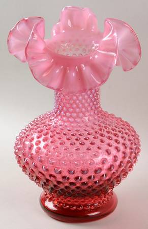 Hobnail Cranberry (Opalescent) 10" Double Crimped Vase