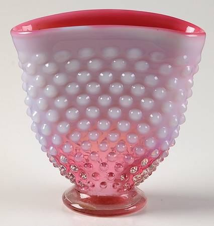Hobnail Cranberry (Opalescent) 4" Crimped Miniature Oval Vase