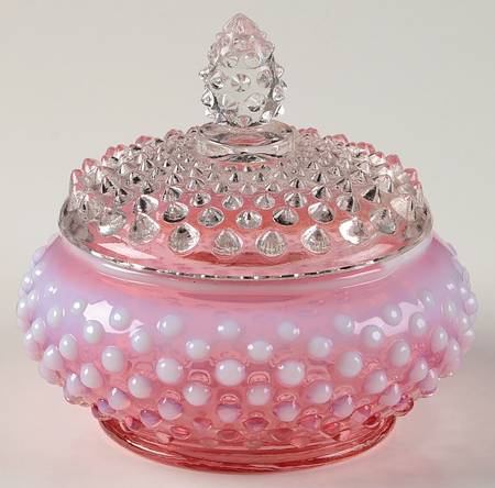 Hobnail Cranberry (Opalescent) Puff Jar & Lid