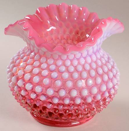 Hobnail Cranberry (Opalescent) 6" Crimped Triangular Vase