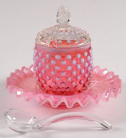 Hobnail Cranberry (Opalescent) Jam/Jelly with Lid, Spoon and Underplate