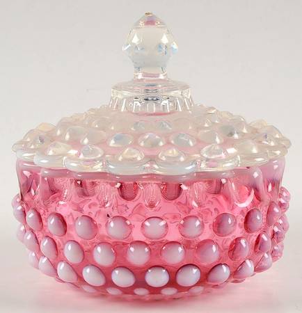 Hobnail Cranberry (Opalescent) Candy Box & Lid