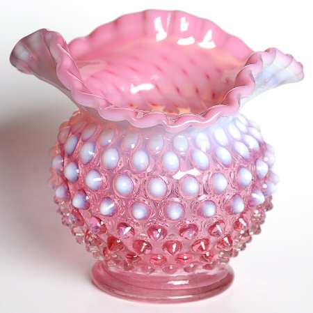 Hobnail Cranberry (Opalescent) 5" Crimped Triangle Vase