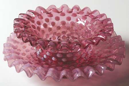 Hobnail Cranberry (Opalescent) Mayonnaise Bowl and Underplate
