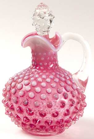 Hobnail Cranberry (Opalescent) Handled Cruet & Stopper