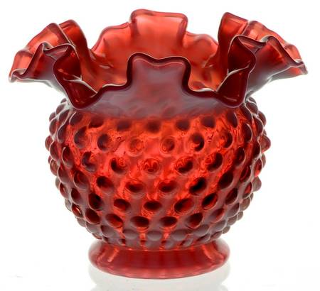Hobnail Cranberry (Opalescent) 4" Spiral Optic Double Crimped Vase
