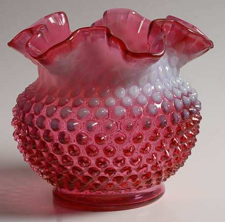 Hobnail Cranberry (Opalescent) 5" Double Crimped Vase
