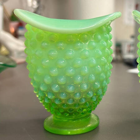 Hobnail Green (Opalescent) 4" Miniature Crimped Hat Vase