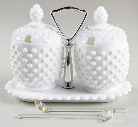 Hobnail Milk Glass (7 Piece) Jam/Jelly Set on Handled Tray