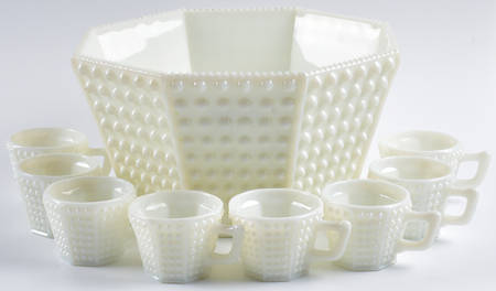 Hobnail Milk Glass (9 Piece) #3908 Octagonal Punch Set