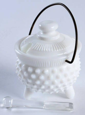 Hobnail Milk Glass Mustard Kettle & Lid with Wire Handle & Spoon