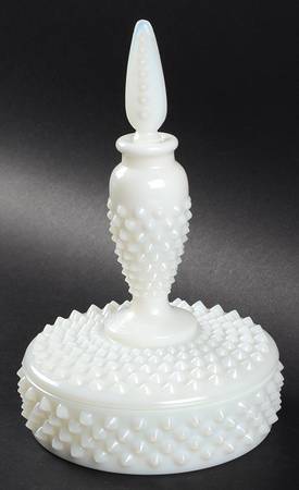 Hobnail Milk Glass Puff Box with Perfume Finial & Stopper