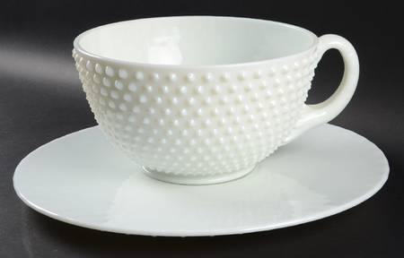 Hobnail Milk Glass #389 Handled Punch Bowl & Underplate (Cup Shape)