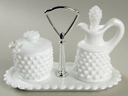 Hobnail Milk Glass #3715 Oil and Mustard Condiment Set on Tray