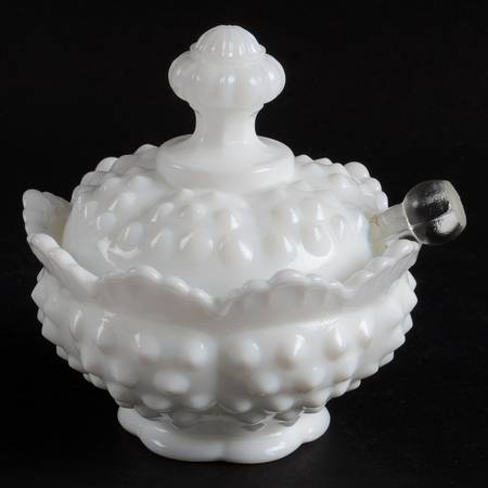 Hobnail Milk Glass #3605 Mustard & Lid with Spoon