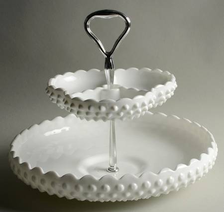 Hobnail Milk Glass 2 Tier Server, Three  Part Relish on Chip Bowl
