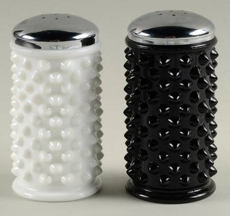 Hobnail Milk Glass Black and White Kitchen Shaker Set with Metal Lids