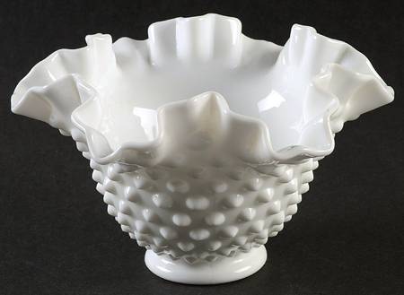 Hobnail Milk Glass 6" Round Crimped Bowl