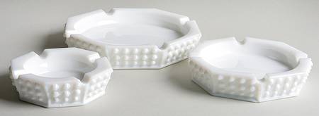 Hobnail Milk Glass (3 Piece) Octagonal Ashtray Set