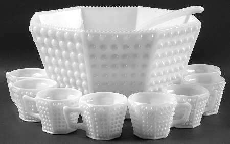 Hobnail Milk Glass (10 Piece) #3908 Octagonal Punch Set