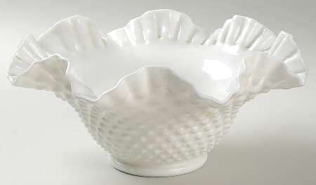 Hobnail Milk Glass Crimped Bowl