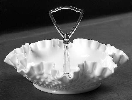 Hobnail Milk Glass 8" Metal Handle Bon Bon