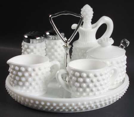 Hobnail Milk Glass #3809 12 Piece Condiment Set, Rnd W/ Center Handle