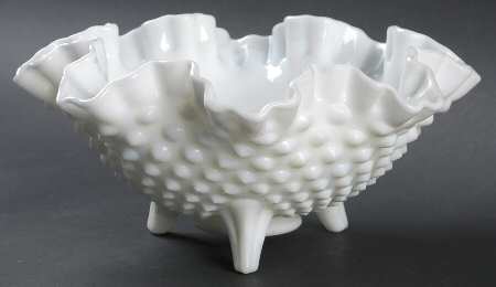 Hobnail Milk Glass 8" Round 3-Toed Crimped Bowl