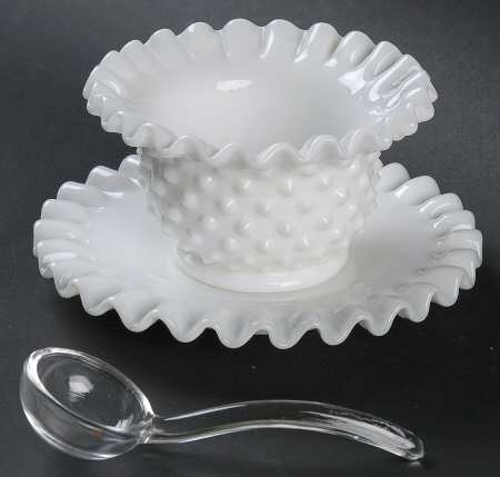 Hobnail Milk Glass Mayonnaise Bowl, Underplate and Ladle