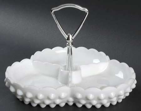 Hobnail Milk Glass 7" Tricorn 3 Part Relish with Center Metal Handle