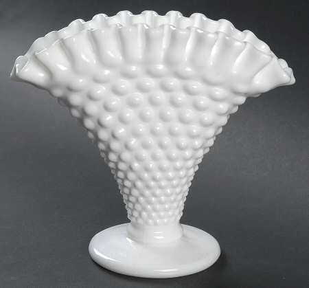Hobnail Milk Glass 6" Footed Crimped Fan Flared Vase