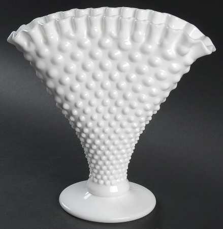 Hobnail Milk Glass 8" Footed Crimped Fan Vase