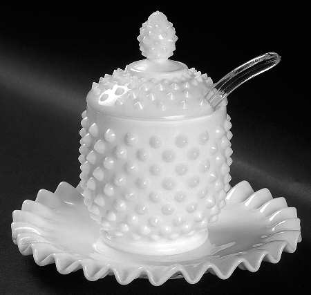 Hobnail Milk Glass Jam/Jelly with Lid, Spoon and Underplate