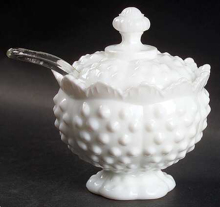 Hobnail Milk Glass Jam Jar & Spoon