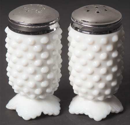 Hobnail Milk Glass Shaker Set Number 3609 with Metal Lids