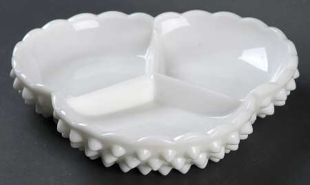 Hobnail Milk Glass 7" Clover Shape 3 Part Relish