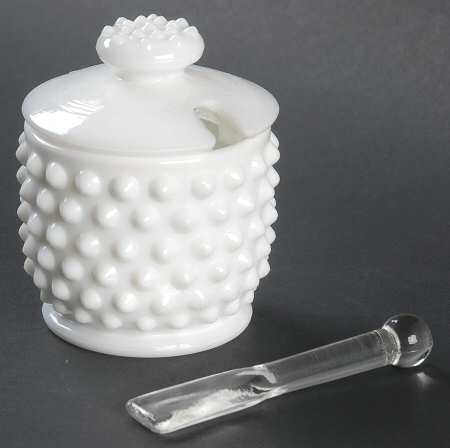 Hobnail Milk Glass Mustard & Lid with Spoon