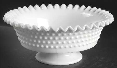Hobnail Milk Glass Footed Crimped Bowl